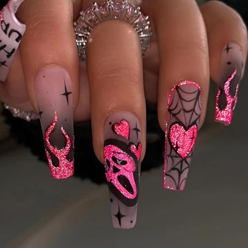 Halloween Press On Nails with Glitter, Goth Ghost Flame Design, Spider Web Pattern, Full Cover Artificial Glue On Nails, Glossy Nude, 24pcs
