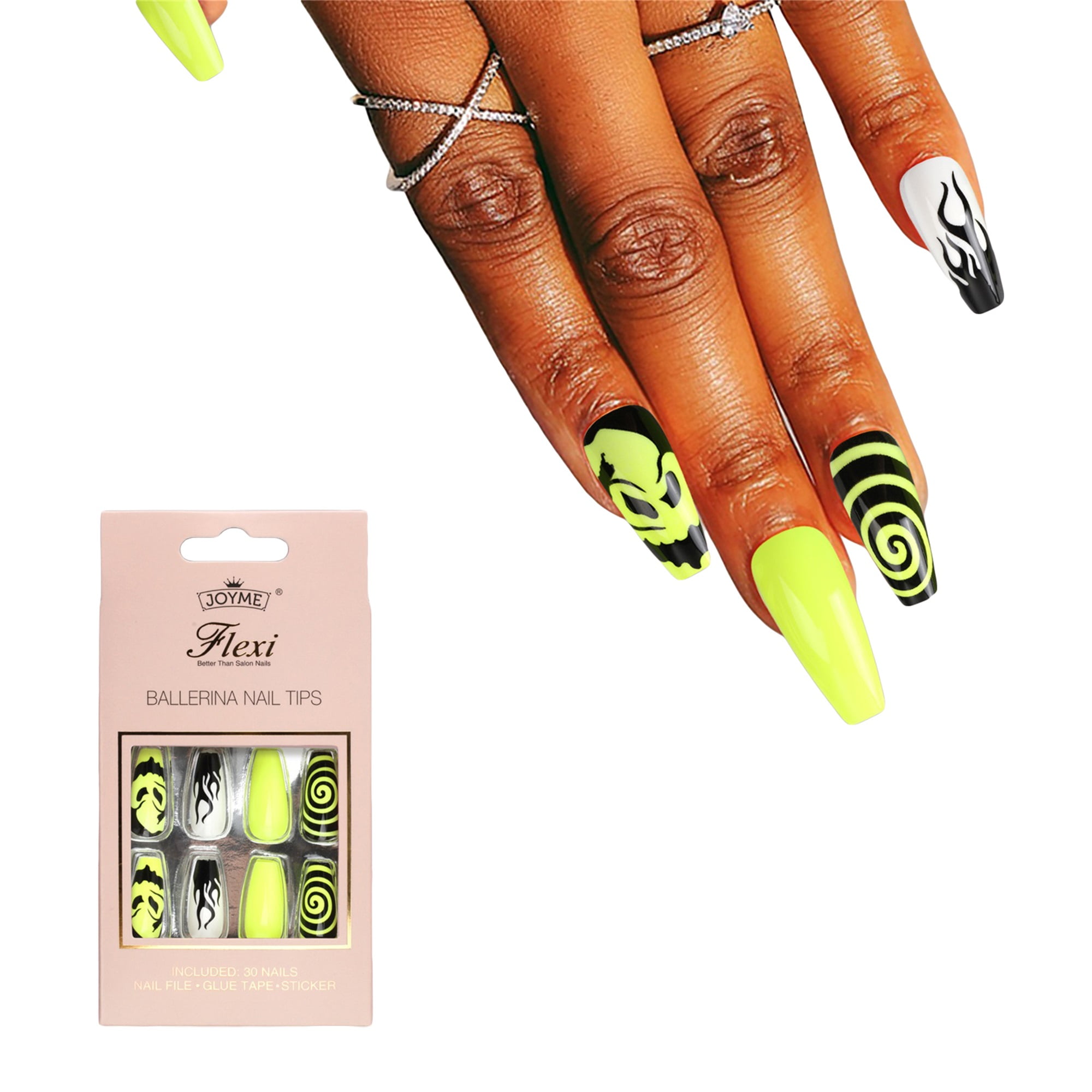 Halloween Press on Nails 30Pcs Long Fake Nails with Flame Bat Designs