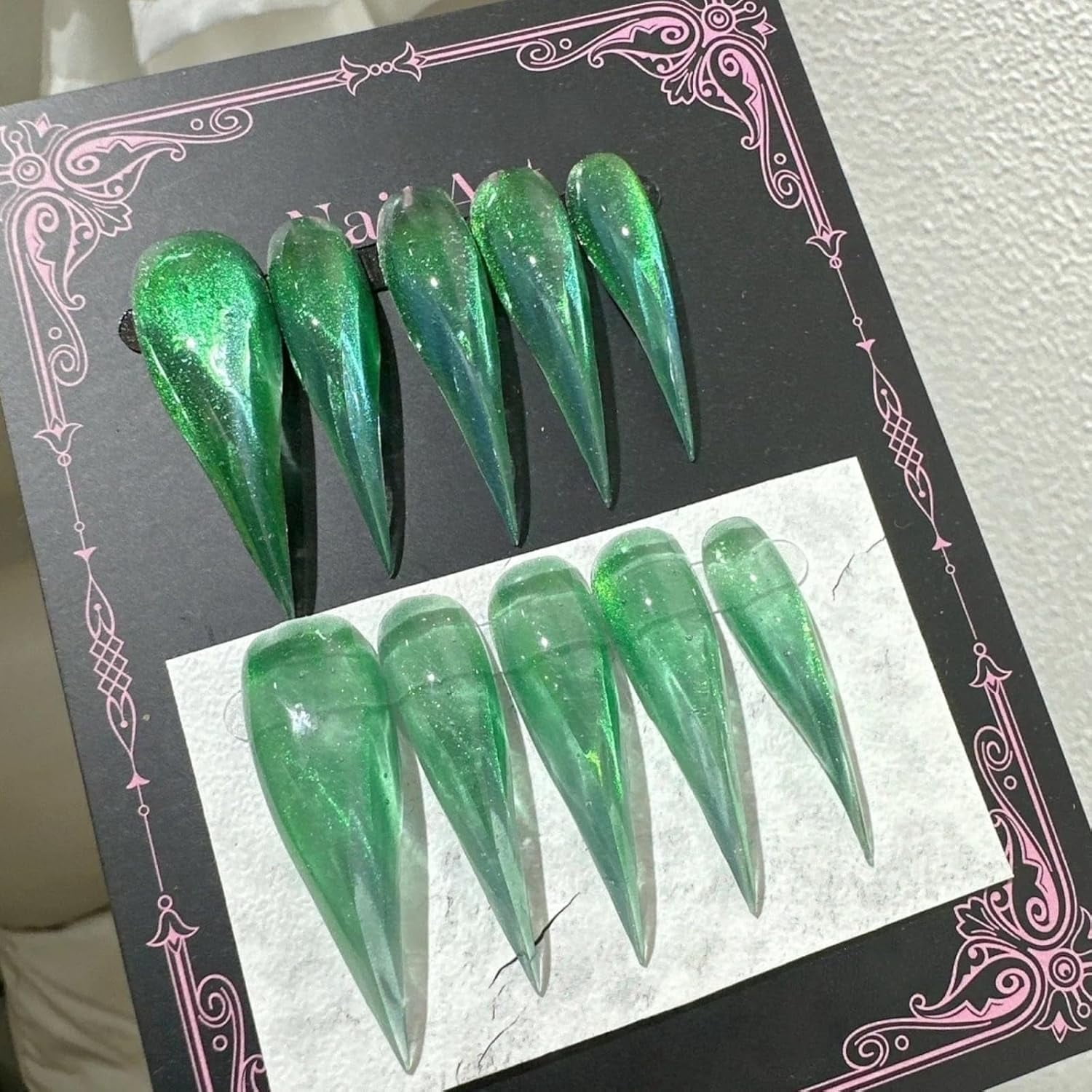 Halloween Press on Nails Green Long Cat Eye Curved Stiletto Handmade Design Stick on Nails Thick Fake Nail Dragon Cat Claw Acrylic Glue on Nail