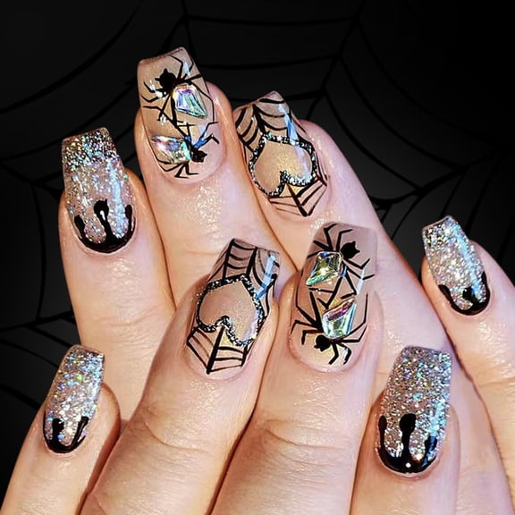 Halloween Press on Nails,Square Fake Nails Acrylic Nails Spiders Web False Nails Stick on Nails Full Cover Fake Nails