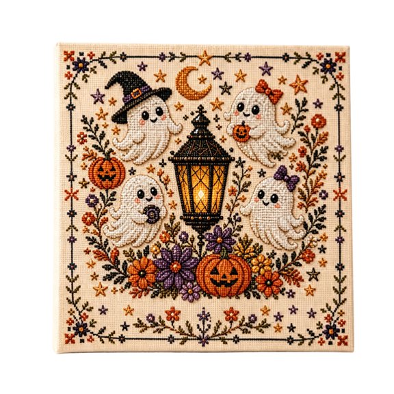 Halloween Primitive Cross Stitch Kit, DIY Craft Set with Cute Fall Patterns, Easy Counted Stitch Project for Beginners, Holiday Home Decor and Creative Gifts