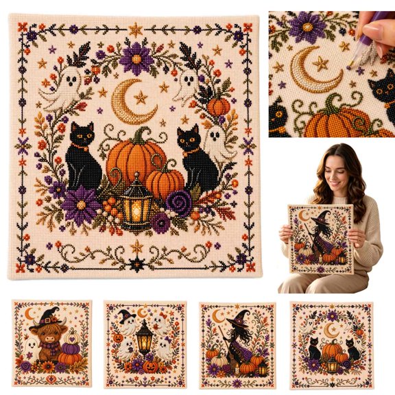 Halloween Primitive Cross Stitch Kit, Folk Art Gothic Stamped Embroidery Set, DIY Halloween Pattern Mindful Hand Stitch Wall Decor for Seasonal Home Decor Wall Art Gift (Pumpkin Cat-1PCS)