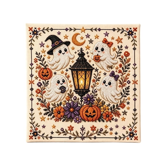 Halloween Primitive Cross Stitch Kit, Halloween Cross Stitch Kit with Stamped Fabric, Folk Art Embroidery Kit for Adults, DIY HalloweenEmbroidery Pattern Set, Seasonal Home Decor Craft Gift (B)