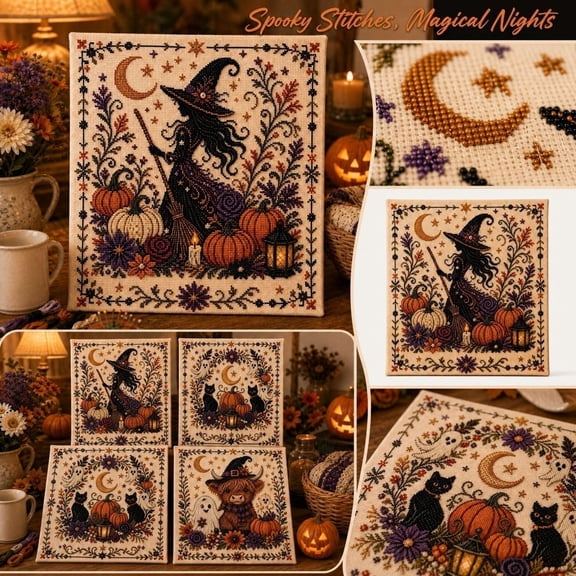 Halloween Primitive Cross Stitch Kit, Halloween Ghost Decorations, Ghosts Halloween Decor, Hanging Ghosts Halloween Decor, 8X8 Inch Complete Material Kit for Creative Crafting