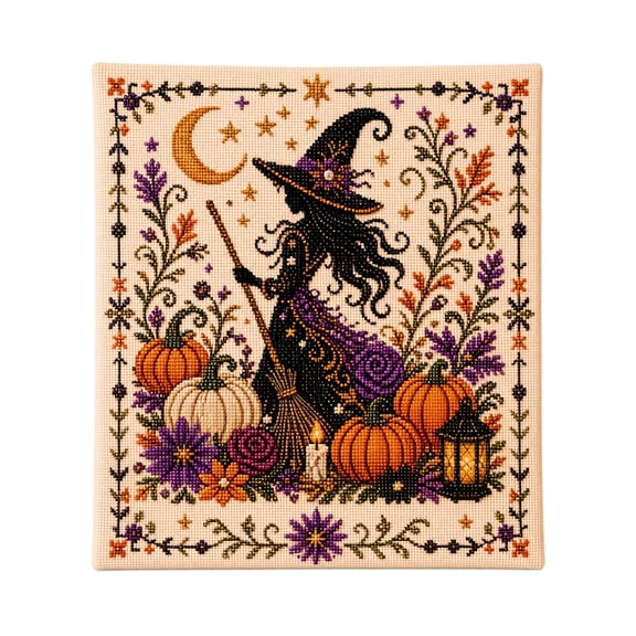 Halloween Primitive Cross Stitch Kit, Primitive Folk Art Embroidery Kit with Stamped Fabric, Halloween Embroidery Kit for Adults, DIY Halloween Pattern Needlepoint Craft Set(Witch)