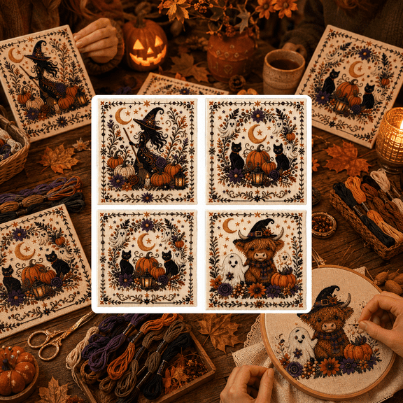 Halloween Primitive Cross Stitch Kit, Stamped Embroidery Kit for Adults with Witch Pumpkin Folk Art Pattern, DIY Halloween Needlework Craft for Seasonal Home Decor Gift A