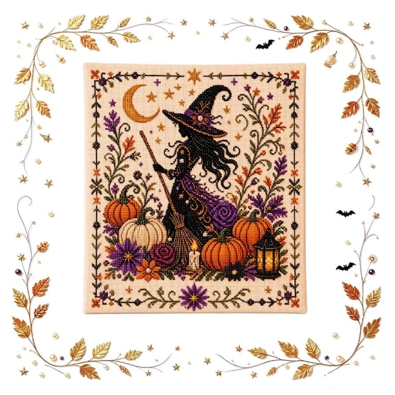 Halloween Primitive Cross Stitch Kit, Vintage Pumpkin Black Cat Witch DIY Embroidery Kit for Adults & Beginners, Halloween Pattern Needlepoint Craft Set, Seasonal Home Decor, Holiday Gifts (A-1PCS#1)