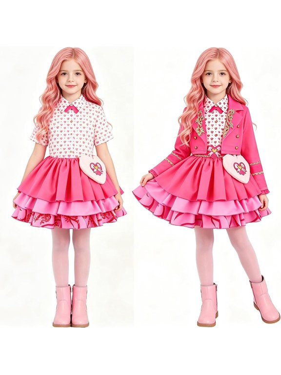 Halloween Princess Costume - Pink Halloween Fancy Dress Up Costume, Princess Jacket Dress with Belt & Heart Shape Bag Outfits for Halloween Cosplay Party for Fans Size: 160