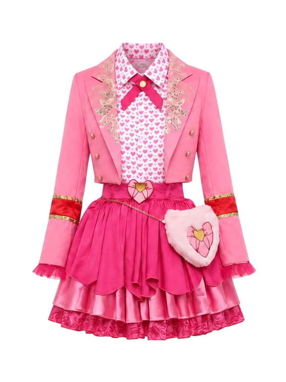 Halloween Princess Costume - Pink Princess Cosplay Jumpsuit with Heart Print Jacket, Layered Skirt & Fuzzy Bag, Fancy Dress Up for Halloween Parties Nights Size: 130