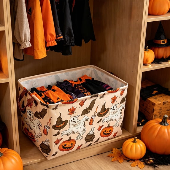 Halloween Print Fabric Storage Basket, Soft Foldable Pumpkin Ghost Bin Multi-Purpose Home Closet Shelf Organizer with Handles