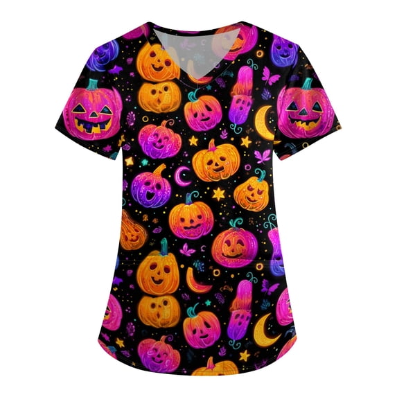 Halloween Print For Women V-Neck Nurse Scrub Top With Pockets. Gothic Medical Uniform, Breathable Loose Shirt For Nurses Daily Shifts Multicolor XL