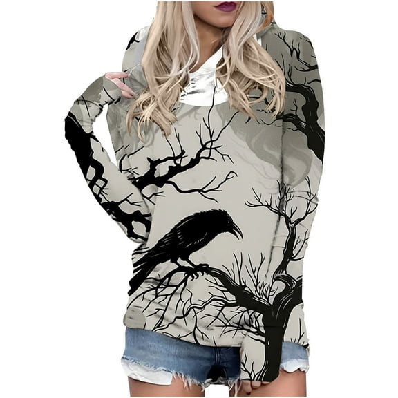 Halloween Print Hoodies Womens Plus Size Long Sleeve Casual Loose Trendy Fall Winter Pullover Sweatshirt Tops,Clear,XS