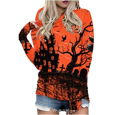Halloween Print Hoodies Womens Plus Size Long Sleeve Casual Loose Trendy Fall Winter Pullover Sweatshirt Tops,Hot Pink,XS