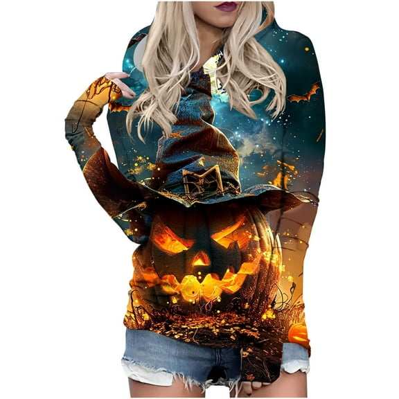 Halloween Print Hoodies Womens Plus Size Long Sleeve Casual Loose Trendy Fall Winter Pullover Sweatshirt Tops,Navy,XS