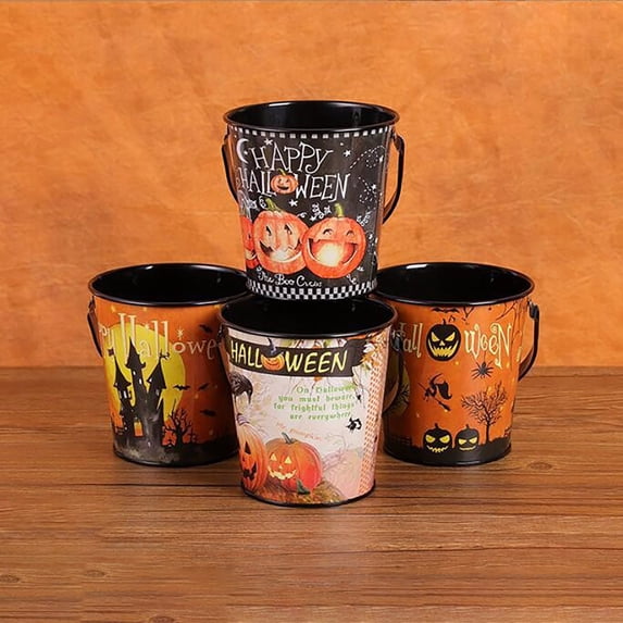 Halloween Print Metal Bucket with Handle, Decorative Snack and Candy Holder for Party Table, Holiday Home Decor Storage Container