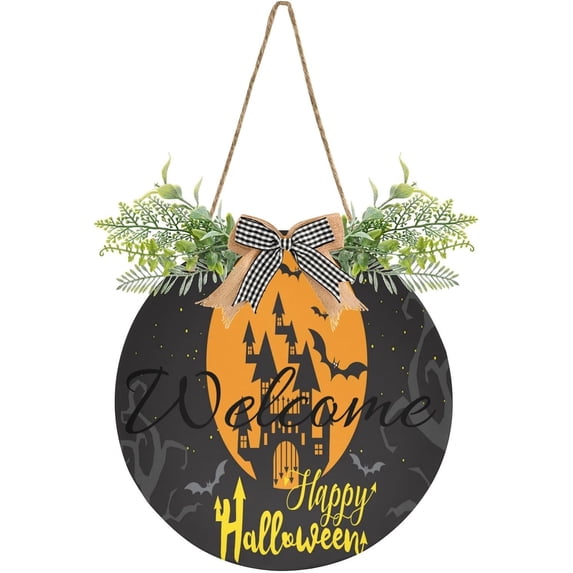 Halloween Print Night Welcome Sign Front Door Round Wall Door Sign with Flowers Hanging Sign for Entryway Front Porch Hallway Yard Garden Home Decor