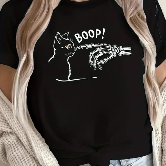 Halloween Print Plus Size Shirt Women's Round Neck Short Sleeve Casual Cotton T-Shirt