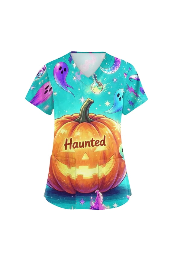 Halloween Print Scrub Tops Women, Plus Size V Neck Scrubs, Stretchy Nursing Uniforms with Pockets, Ideal Party Outfits & Gifts for Women