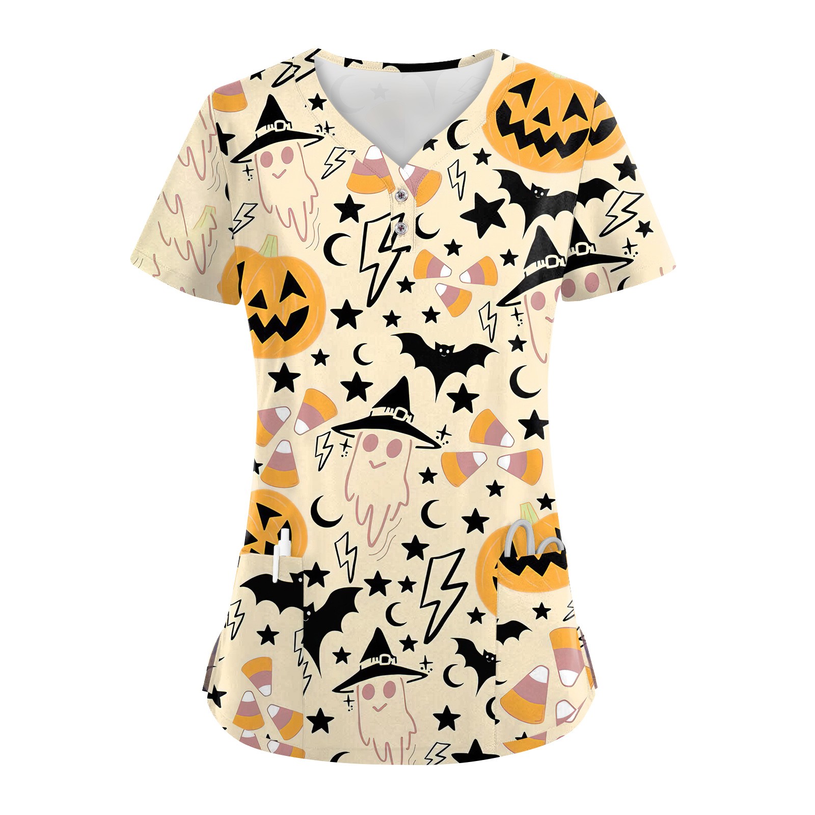 Halloween Print Scrub Tops Women Pumpkins Bats Printed Short Sleeve V
