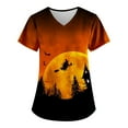 thumbnail image 1 of Halloween Print Scrub Tops for Women Breathable Pumpkin Cat Bat Pattern V-Neck T-Shirts Tee Tops with Pockets, 1 of 5