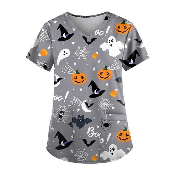 Halloween Print Scrub Tops for Women Breathable Pumpkin Cat Bat Pattern V-Neck T-Shirts Tee Tops with Pockets
