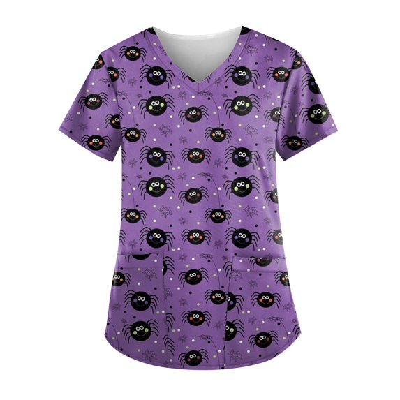 Halloween Print Scrub Tops for Women Breathable Pumpkin Cat Bat Pattern V-Neck T-Shirts Tee Tops with Pockets
