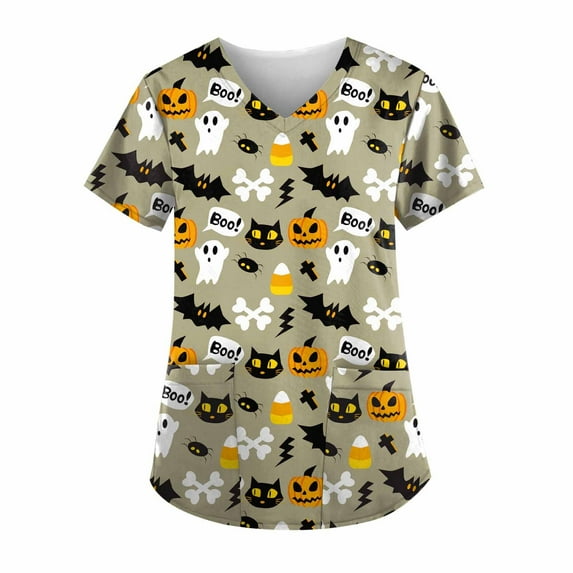 Halloween Print Scrub Tops for Women Breathable Pumpkin Cat Bat Pattern V-Neck T-Shirts Tee Tops with Pockets