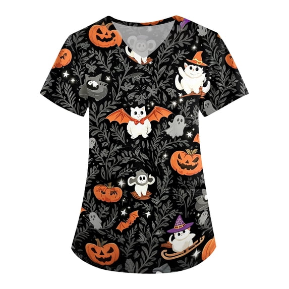 Halloween Print Scrub Tops for Women V Neck Short Sleeve Loose Fit Stretchy Uniform with 2 Pockets Side Slits Breathable Workwear for Nurses Navy S