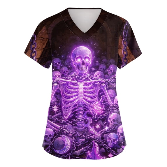 Halloween Print Scrub Tops for Women V Neck Short Sleeve Tunic with Pockets Loose Fit Breathable Stretch Pullover Medical Work Shirt Purple XL