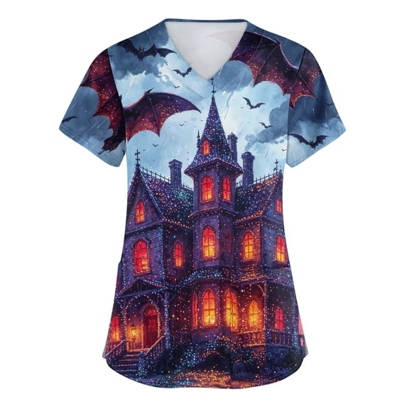 Halloween Print Scrub Tops for Women V Neck Short Sleeve Tunic with Pockets Loose Fit Breathable Stretch Pullover Medical Work Shirt Sky Blue L