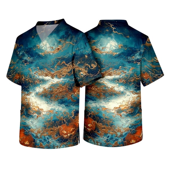 Halloween Print Scrubs for Men Plus Size Scrub Tops V-Neck Funny T Shirts Workwear Healthcare Workers Uniform Tee with Pockets