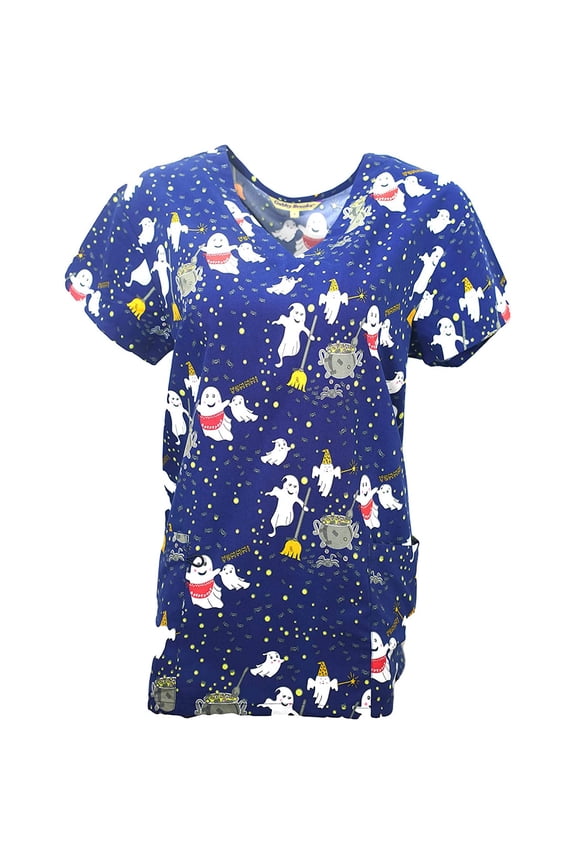 Halloween Print Stretch Scrub Top, Blue Ghost Caldron, XXL