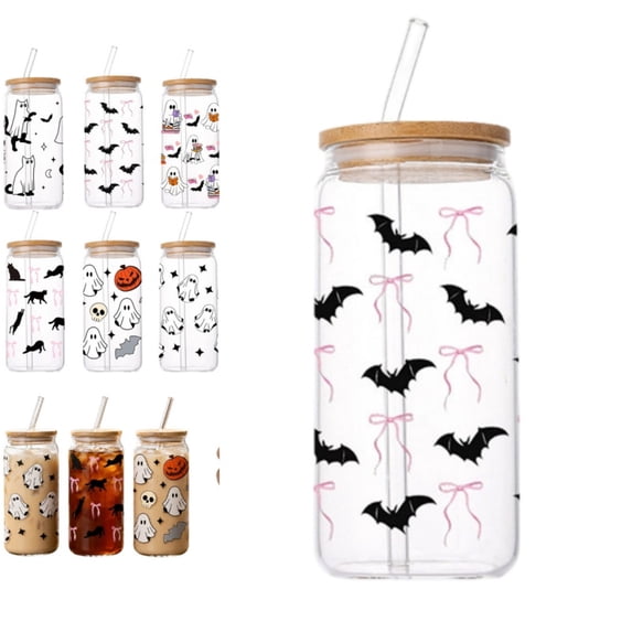 Halloween Printed Glass Can Tumbler, Spooky Ghost Bat Pumpkin Iced Coffee Cup with Bamboo Lid & Glass Straw for Holiday Party Drinkware