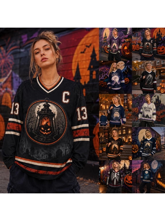 Halloween Printed Hockey Jersey For Women V Neck Long Sleeve Graphic Top Witching Hour Theme Relaxed Fit Casual Jersey Shirt For Halloween Celebration And Night Out White XL