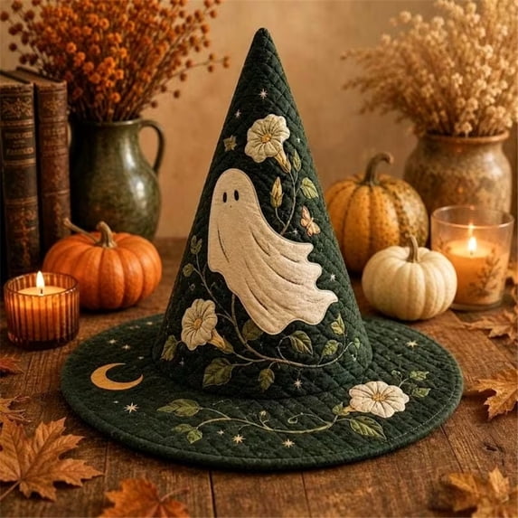 Halloween Printed Quilted Witch Hat, Foldable Wide‑Brim Wizard Cosplay Party Hat