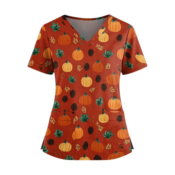 Halloween Printed Scrub Tops for Women, V-Neck Short Sleeve Medical Uniform Plus Size Scrubs Shirt with 2 Pockets Saffron 3XL