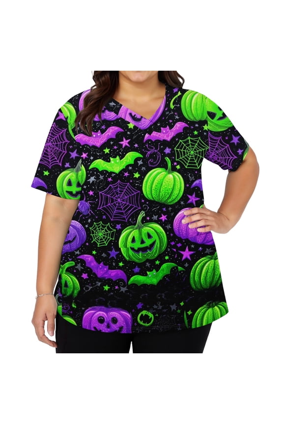 Halloween Printed Scrubs Tops for Women Funny Pumpkins Print Short Sleeve Nurse Working Uniform Tops with Pockets