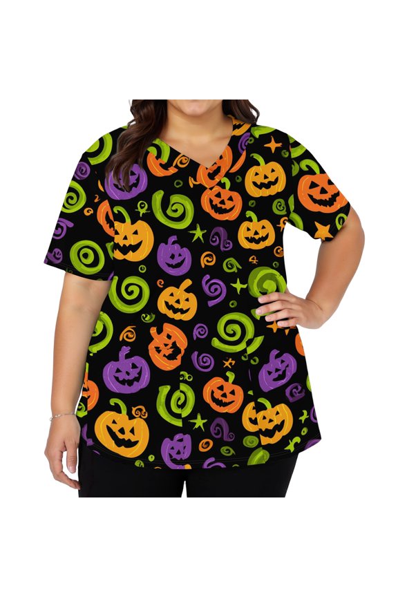 Halloween Printed Scrubs Tops for Women Funny Pumpkins Print Short Sleeve Nurse Working Uniform Tops with Pockets