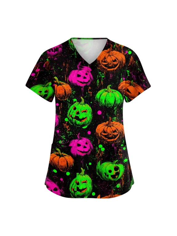 Halloween Printed Scrubs for Women, Cartoon Pattern V Neck Short Sleeve Soft Working Nursing Uniform with Pocket