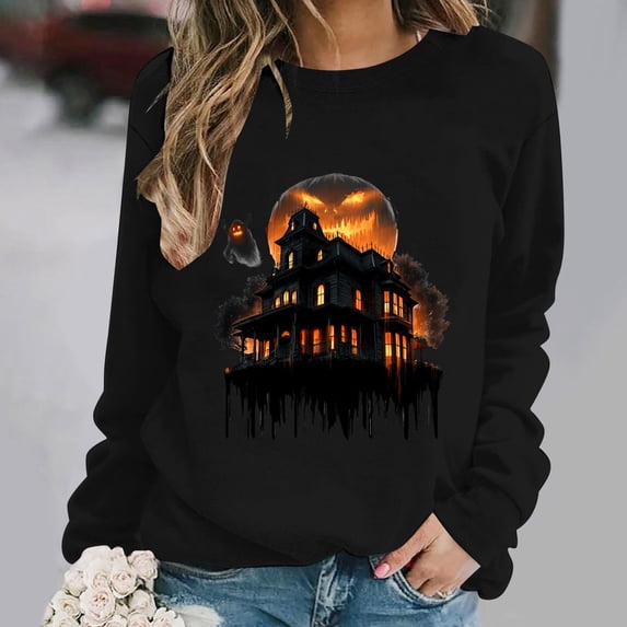 Halloween Printed Sweatshirts for Women Plus Size Round Neck Long Sleeve Basic
