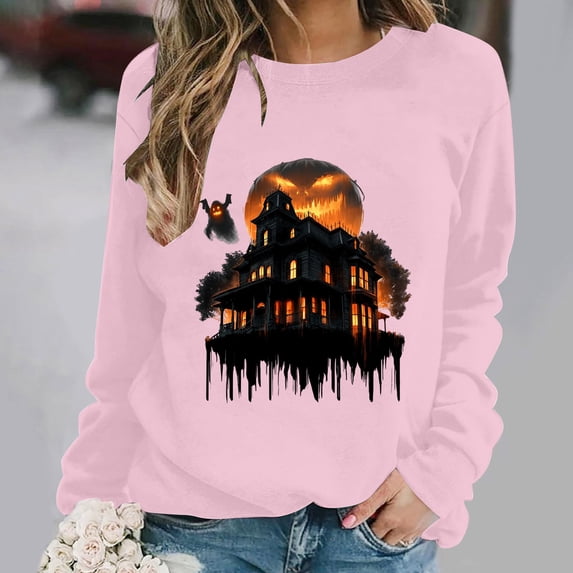 Halloween Printed Sweatshirts for Women Plus Size Round Neck Long Sleeve Basic