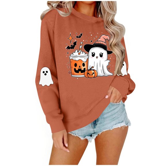 Halloween Printed Womens Casual Crewneck Sweatshirts Long Sleeve Cute Tunic Tops Loose Fitting Pullover