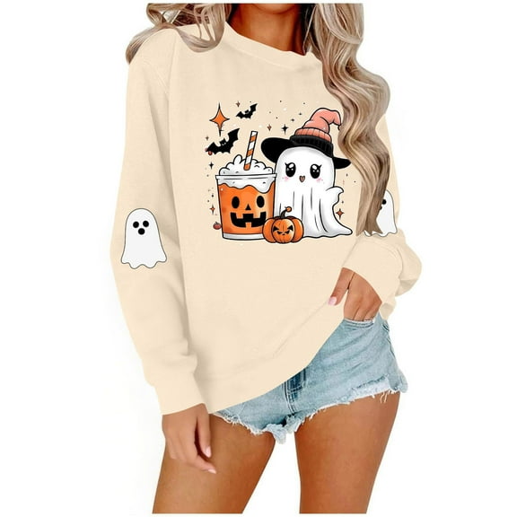 Halloween Printed Womens Casual Crewneck Sweatshirts Long Sleeve Cute Tunic Tops Loose Fitting Pullover
