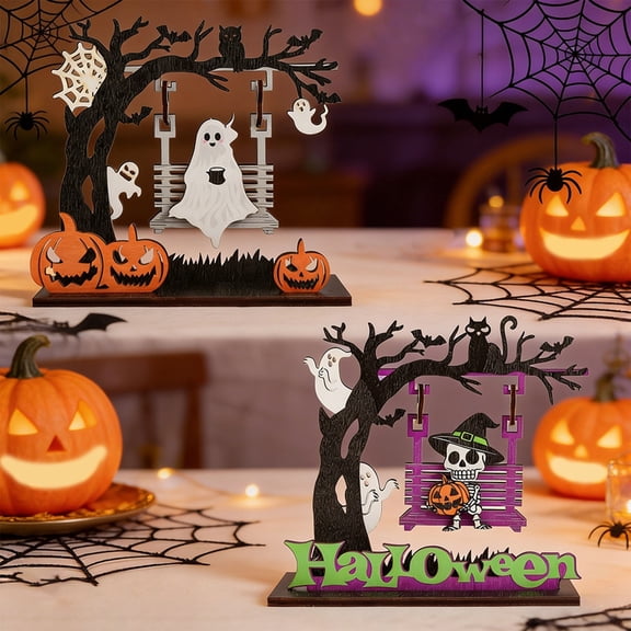 Halloween Printed Wooden Ornament, Pumpkin Ghost Skeleton Swing, Exquisite Tabletop Accessory, Personalized Craft for Desk, Indoor Space and Festival Home Decoration, B