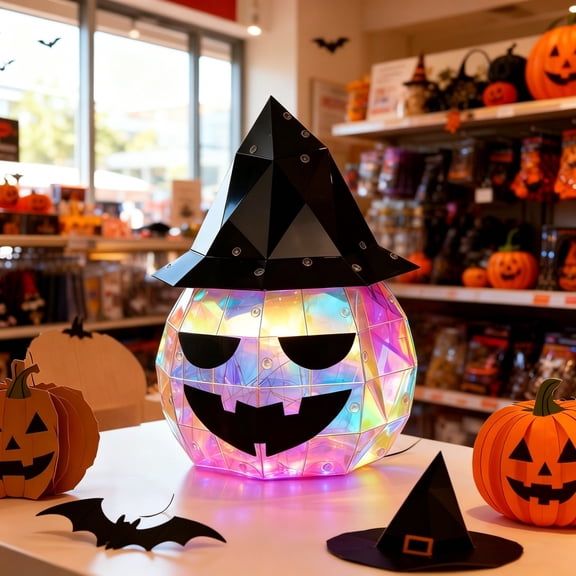 Halloween Prismatic Iridescent Evil Pumpkin Figurine, USB Powered LED Pumpkin Decor for Home Party Fall Decor, Pumpkin with Wizard Hat Table Ornament Ambient Lighting