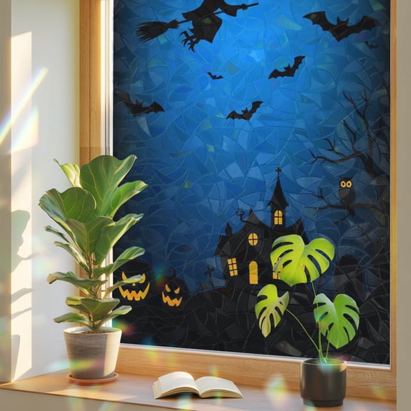 Halloween Privacy Window Film, Decorative Stained Glass Window Film, Castle Pumpkin Witch Bat Blue Black Resuable Rainbow Static Cling for Home Bathroom Living Room Glass Door 23.6"x59"