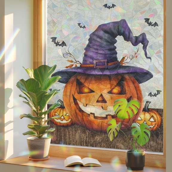 Halloween Privacy Window Film, Decorative Stained Glass Window Film, Orange Fall Pumpkin Witch Hat Bat Beige Resuable Rainbow Static Cling for Home Bathroom Living Room Glass Door 23.6"x59"