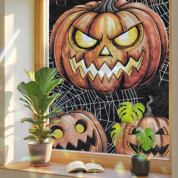 Halloween Privacy Window Film, Decorative Stained Glass Window Film, Orange Pumpkins Black Resuable Rainbow Static Cling for Home Bathroom Living Room Glass Door 17.7"x39.3"
