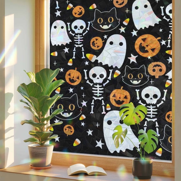 Halloween Privacy Window Film, Decorative Stained Glass Window Film, Orange Pumpkins White Funny Ghost Black Cat Resuable Rainbow Static Cling for Home Bathroom Living Room Glass Door 17.7"x39.3"