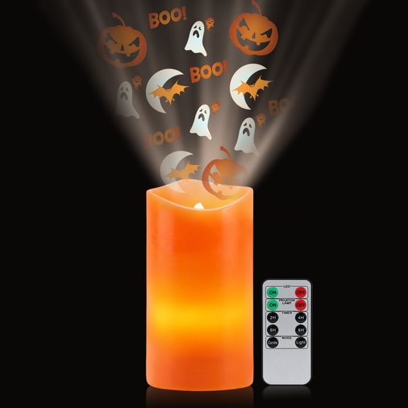 Halloween Projection Flameless Candles with Ghost Pumpkin Pattern, Flickering Orange Pillar Candles with Remote & Timer, Fall LED Candles Battery Operated for Fall Halloween Thanksgiving Decor